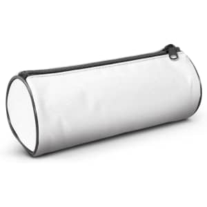 A cylindrical pencil case in white with a black zipper, featuring a logo on the side.