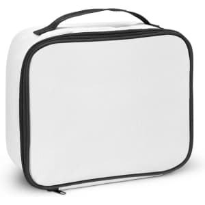 A white lunch cooler bag with a black zip and handle, featuring a blank surface for custom designs.