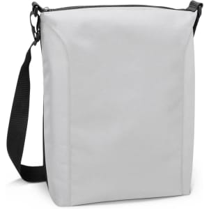 A cooler bag in grey with a black adjustable strap and zip closure, featuring a logo on the front.
