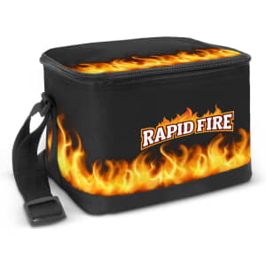 A small black cooler bag featuring a fiery design and a logo, equipped with a handle for easy carrying.