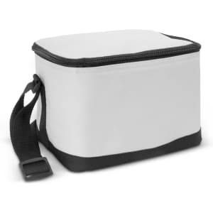 A small cooler bag in white with a black base and strap, featuring a zip closure and a plain design.