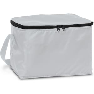A white insulated cooler bag with a zipper closure and a carrying strap. It features a logo on the side.
