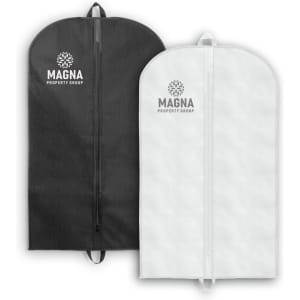 A black and a white garment bag with hangers, featuring logos on each.