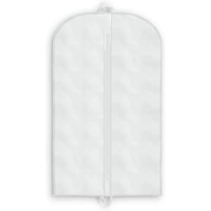 A white garment bag with a curved top and a zipper closure, featuring a handle for easy carrying.
