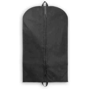 A garment bag in black, featuring a zip closure and a carrying handle, designed for storage and transport.