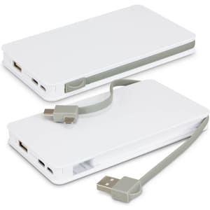 A white wireless charging power bank with a grey cable attached, featuring multiple charging ports and a logo.