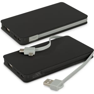 A black wireless charging power bank with a grey charging cable attached, featuring multiple ports and a logo.