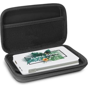 A white power bank nestled in a black, zippered case, featuring a tropical design and a logo.