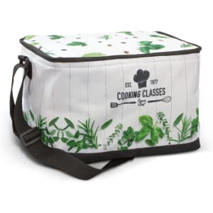 A cooler bag in white with green plant designs, featuring a shoulder strap and a logo.