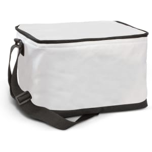 A large, white cooler bag with a black base and a shoulder strap, featuring a zip closure and a branding logo.