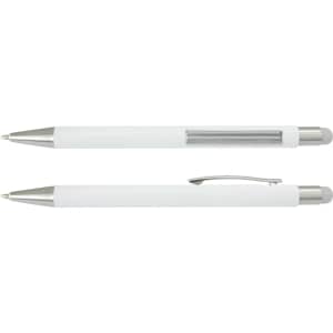 A white stylus pen with silver accents and a transparent section, featuring a clip for easy attachment.