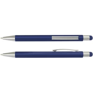 A navy stylus pen with a silver clip and tip. The pen features a ballpoint and a soft stylus end, and has a logo.