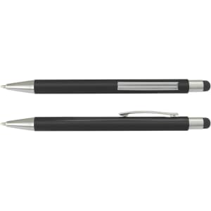A black stylus pen with silver accents, featuring a smooth writing tip and a touch screen end. It has a logo.