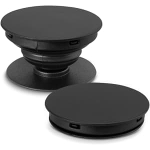 A black phone grip with a collapsible design, featuring a sleek circular shape and a small base.