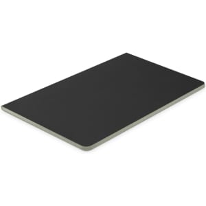 A rectangular black notebook with a light green border, featuring a visible logo on the cover.