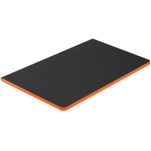 A black Camri Notebook with an orange trim, featuring a smooth surface and a simple logo.