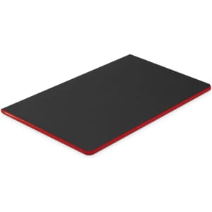 A black notebook with a red edge and a smooth cover, featuring a logo on the front.
