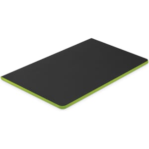 A black notebook with a green edge, featuring a smooth surface and a sleek design. It has a logo on the cover.