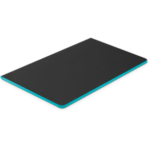 A black notebook with a turquoise edge, featuring a smooth surface and rectangular shape, designed for office use.