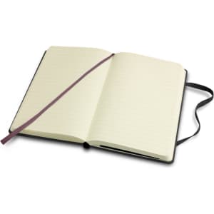 A pocket-sized, classic hard cover notebook in black, featuring lined pages and a ribbon bookmark.