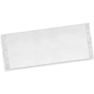 A white beach towel with fringed edges and a logo. Perfect for leisure and outdoor activities.