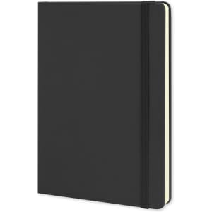 A large black hardcover notebook with a cream-coloured interior and an elastic band closure. It features a logo.