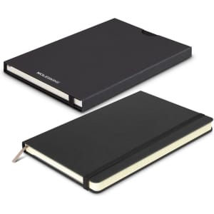 A large black Moleskine Classic hard cover notebook with a ribbon bookmark and an elastic closure. Includes a branded cover.