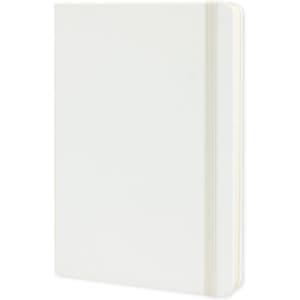 A large, white Moleskine classic hard cover notebook with an elastic band and rounded corners.