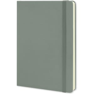 A large, hard cover notebook in a muted green colour, featuring an elastic closure and a simple design.