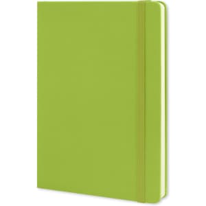 A large, bright green Moleskine Classic Hard Cover Notebook with an elastic band closure and a smooth finish.