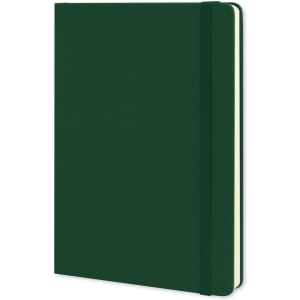 A large, dark green Moleskine Classic Hard Cover Notebook with a matching elastic closure and rounded corners.