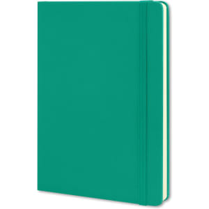 A large, teal Moleskine Classic hard cover notebook with an elastic closure and rounded corners.