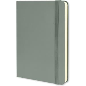 A medium, hard cover notebook in a soft green colour, featuring a rounded spine and an elastic closure.
