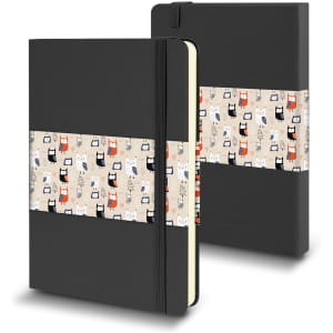 A medium black hard cover notebook with a patterned band featuring various cat illustrations.