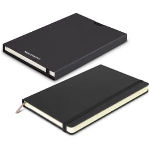 A black Moleskine Classic Hard Cover Notebook - Medium, featuring a textured cover and a ribbon bookmark.