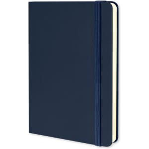A medium-sized, classic hard cover notebook in navy blue, featuring an elastic closure and a cream inner side.