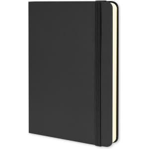 A black hard cover notebook with a yellow interior and an elastic band closure. It features a logo on the cover.