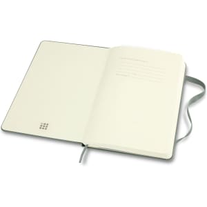 A medium hardcover notebook with a light-coloured interior and a ribbon bookmark, featuring a logo on the cover.