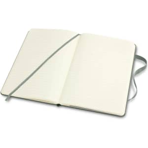 A medium-sized Moleskine classic hard cover notebook in green, featuring blank pages and a ribbon bookmark.