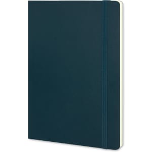 A large, dark green soft cover notebook with an elastic band and lined pages. It features a logo on the cover.