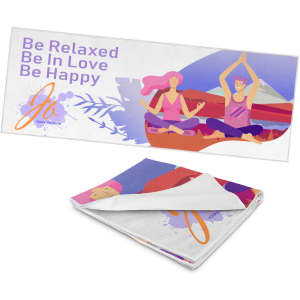 A colourful yoga towel featuring a serene design with pink, purple, and blue hues, and a logo.
