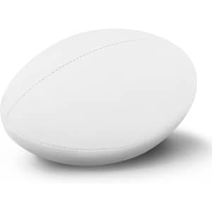 A white rugby ball with a smooth surface, featuring a logo on its side.