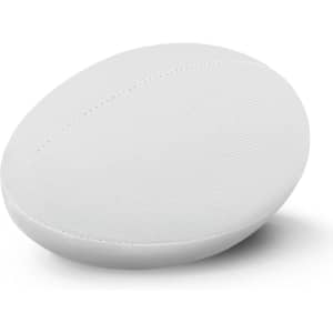 A white rugby ball with a textured surface and a subtle seam running along the centre. It features a logo.