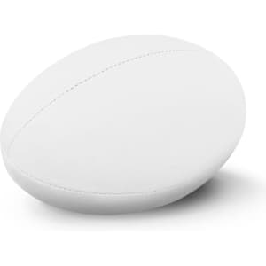 A white rugby league ball with a smooth surface and stitching detail, featuring a logo.