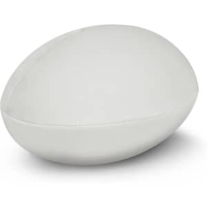 A white rugby league ball with a smooth surface and a logo on it, positioned on a plain background.