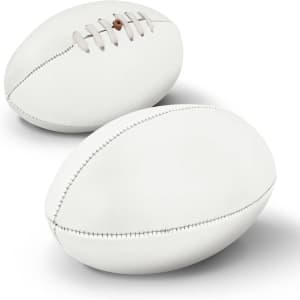 AFL Ball Mini in white, featuring stitch detailing, with two balls displayed. It has a logo on one.
