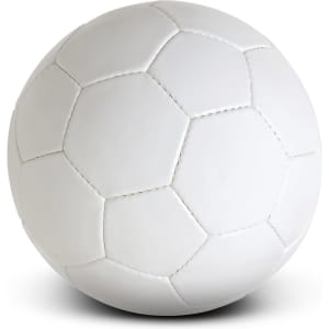A white soccer ball with black pentagon and hexagon design, featuring detailed stitching.