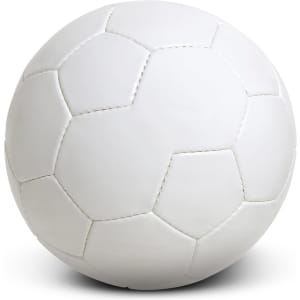 A white soccer ball with black pentagon patterns and visible stitching. The ball features a logo.