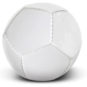 A white mini soccer ball featuring traditional pentagonal and hexagonal panels, with visible stitching.