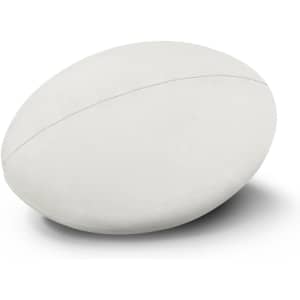 A rugby ball in white, featuring a smooth surface and a rounded shape, with a logo present.